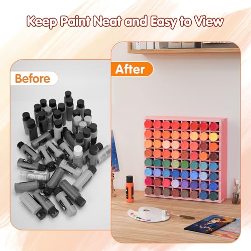 Image of Krafetto 64 Grids Craft Paint Storage Organizer, Wall-mountable Paints Holder, Stackable Paint Bottle Rack Stand for 2oz Craft Paints, Pink