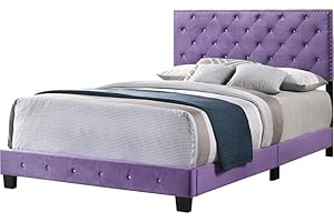 MAKLAINE Transitional Velvet Upholstered Queen Bed in Purple - Plush Bed Frame...