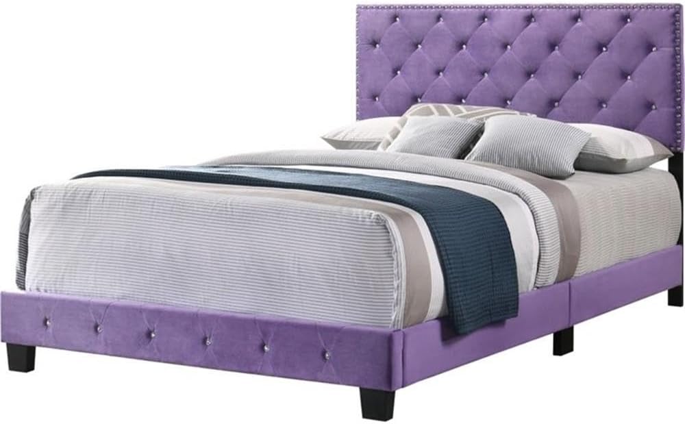 Glory Furniture Full Size Bed with Headboard, Footboard in Velvet, in Purple, No Box Spring Needed, Easy Assembly