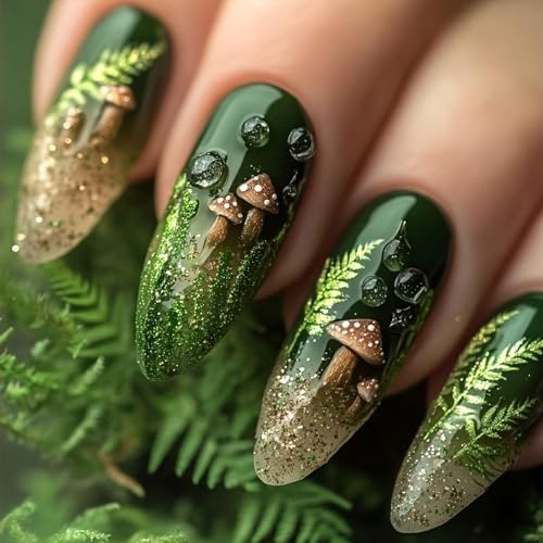 Green Glitter Press on Nails Medium Almond Shaped False Nails with Mushroom and Leaf Designs Gradient Fake Nails Full Cover Spring Acrylic Stick on Nails for Women Nail Art Manicure 24 Pcs