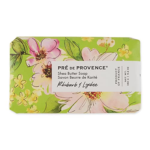 Pre de Provence Wrapped Artisanal Soap Bar, Organic Shea Butter Enriched, Natural French Skincare, Quad Milled for a Rich Smooth Lather, Rhubarb & Lychee, 150 Gram