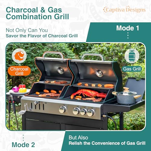 Image of Captiva Designs Propane Gas and Charcoal Grill Combo with Side Burner & Porcelain-Enameled Cast Iron Grate, Dual Fuel BBQ Grill for Outdoor Events & Backyard Barbecue, 690 SQIN Cooking Area