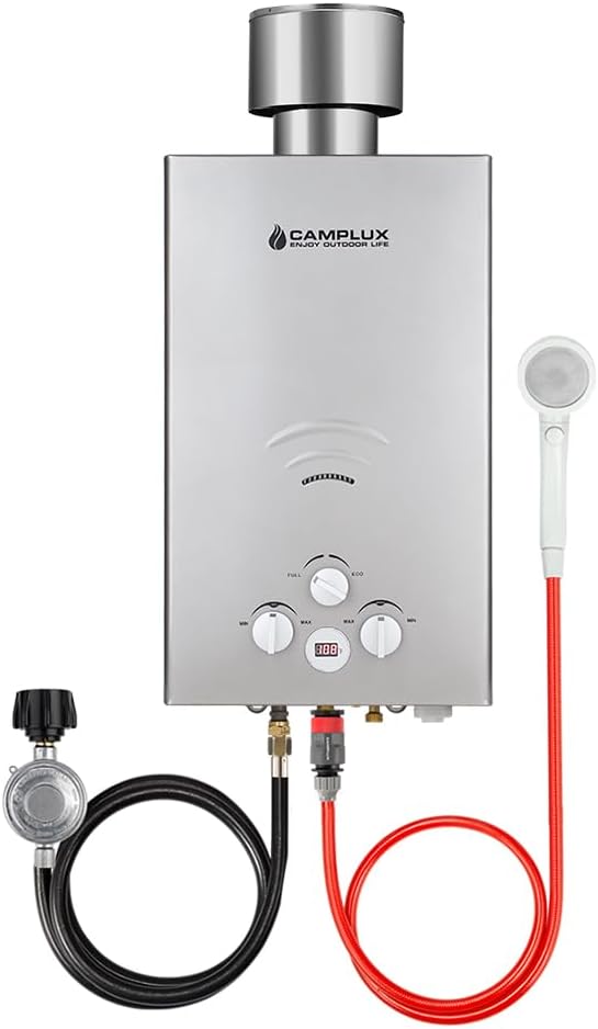 Tankless Water Heater, Camplux Outdoor Portable Propane Gas Tankless Water Heater With Rain Cap for Camping Showers, Gray