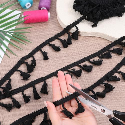 Black 10 Yards Tassel Trim, Mini Fringe Sewing Trim Embellishments Vintage Braid Curtain Tassels Sewing Trims for Home Hotel Curtain Pillow Blanket Lamp Shade Clothing DIY Crafts Decoration