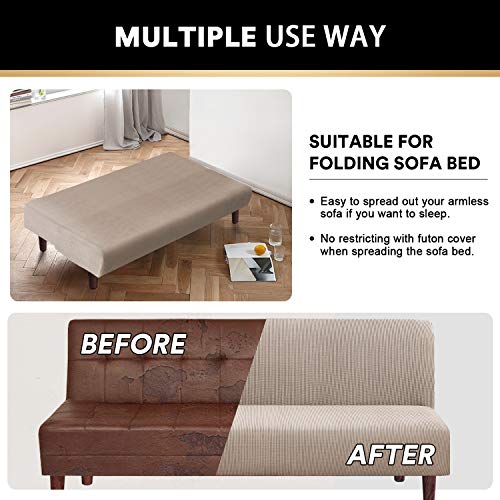 Stretch Armless Futon Cover Futon Slipcover Full Queen Size Futon Couch Cover Futon Sofa Cover Futon Bed Cover Furniture Protector With Elastic Bottom, Checked Pattern Jacquard (Futon, Sand) #TOP3