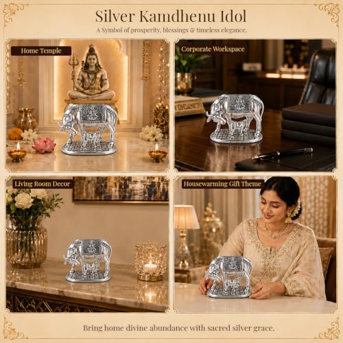 Image of DIVINITI 999 Silver Plated Kamdhenu Cow with Calf Idol | Premium Gift Box Included | Vastu Showpiece for Wealth, Prosperity & Positive Energy | Home Temple, Office & Housewarming Gift | 13.5 x 15 cm
