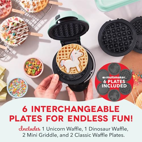 DASH Multimaker Mini System - Waffle Maker with Six 4” Removable Plates: Waffle Iron & Griddle, 4-in-1 Mini Waffle Maker for Kids and Families – Nonstick Surface, Just Add Batter (Aqua)