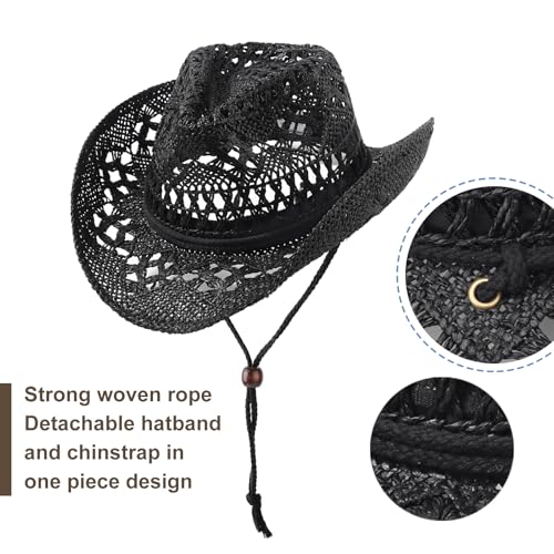 Image of DRESHOW Straw Cowboy Cowgirl Hat for Women Men Western Coastal Cowboy Beach Hat with Shapeable Brim Unisex Rolled up Caps