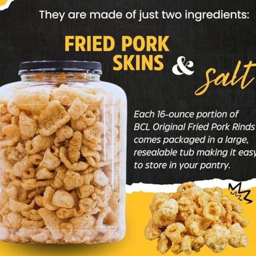 (2) Fried Pork Rinds Original 16oz Resealable Tub CUSTOM BAG Crunchy Chicharrones Fried Pork Skins High Protein Zero Carb Snack Keto Paleo Low Carb Party Food Gourmet Snack Savory Treat