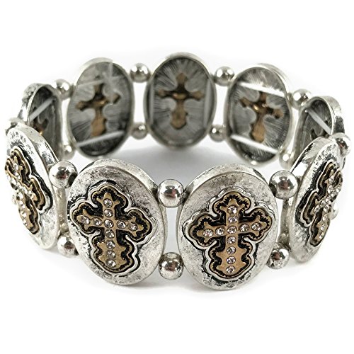 Western Collection Rhinestone Cross Metallic Tritone Color Hammered Stretchable Bracelet