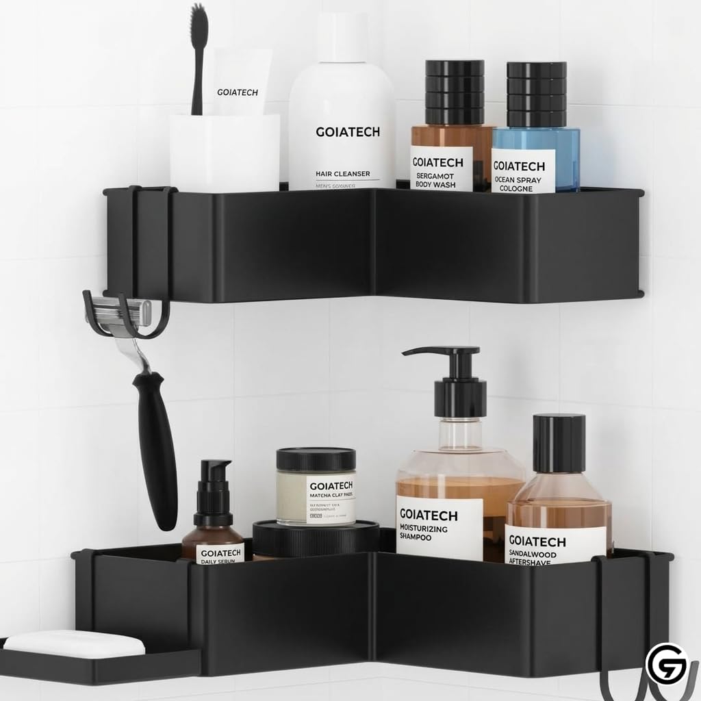 GOIATECH 3 Pack Corner Shower Caddy with Soap Holder – Rustproof Carbon Steel Bathroom Corner Shelves, Drill-Free Adhesive Shower Organizer with Hooks, Quick Drain Shower Storage Rack, Black