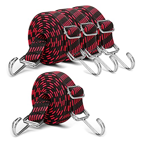 INCETUE verstellbar Spanngummi mit Haken, 4er-Set 2M lang flach Spanngurt mit Metallhaken, extra stark breit Gummiseile, Gepäckspanner, Gummizug, Gummiexpander für Fahrrad, Autotransport, Motorrad-Rot