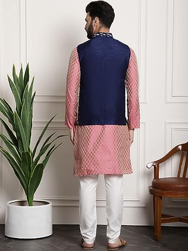 Image of SOJANYA (Since 1958 Men's Cotton Linen Maroon Kurta and White Pyjama with Mustard Cotton Nehru Jacket
