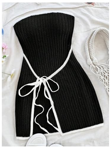 Image of MakeMeChic Women's Knitted Strapless Sweater Dress | Wrap Tie Front, Party, Mini, Tube