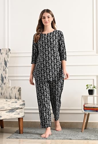 Image of Amazon Brand - Tavasya Women Cotton- Rayon Printed Kurti with Pant Co-Ord Set | Soft Comfortable Straight Fit Ethnic Kurta Set | 3 /4 Sleeves V-Neck Daily, Office & Casual Wear