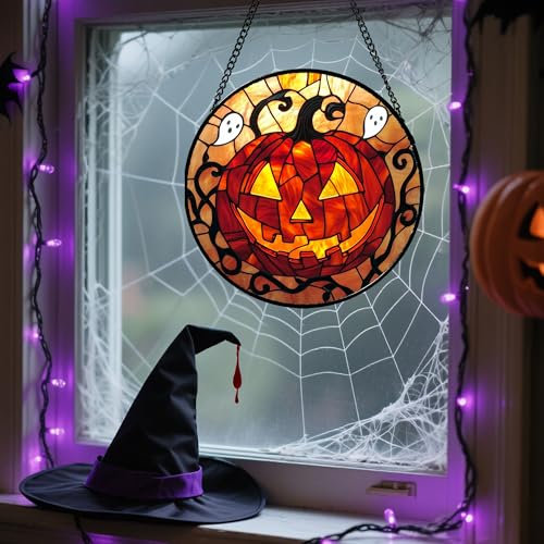 Image of Stained Glass Window Hanging - Halloween Decorations Evil Pumpkin Orange Suncatcher for Doors Garden Indoor Funny Spooky Sun Catchers Gothic Decor Horror Gifts for Women Men Friend 9.8 in