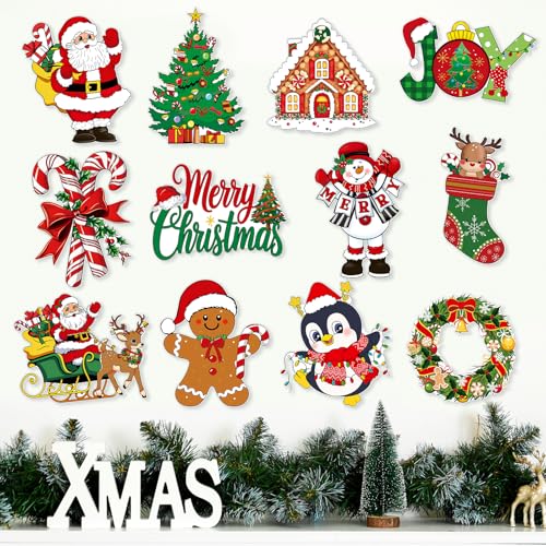 Image of Large 11 inchx14 inch Vintage Christmas Cutouts Decorations Cardboard Cutout Set of 12, Vintage Christmas Red and Green Paper Cut Outs Party Decoration Indoor Outdoor, Retro Paper Xmas Cutouts Wall Decor