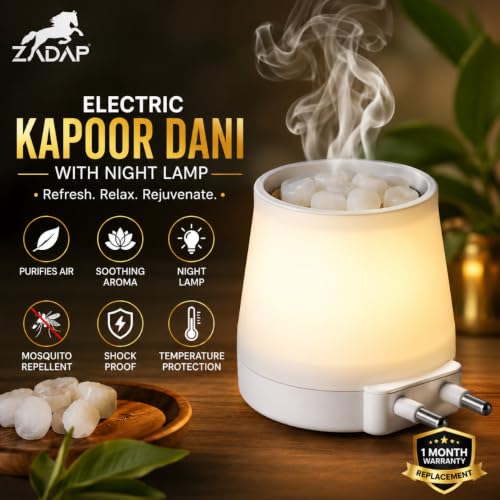 Image of Electric Camphor Diffuser & Night Lamp | Kapoor Dani Stand for Home | Mosquito Repellent, Air Purifier & Aroma Burner | Shock-Proof Design with Temperature Protection | Direct Plug-in (Blue)