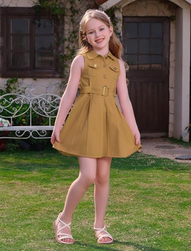 OBEEII Toddler Girls Denim Jeans Dress Sleeveless Summer Casual Lapel Collar A-line Pleated Ruffle Dress with Belt2