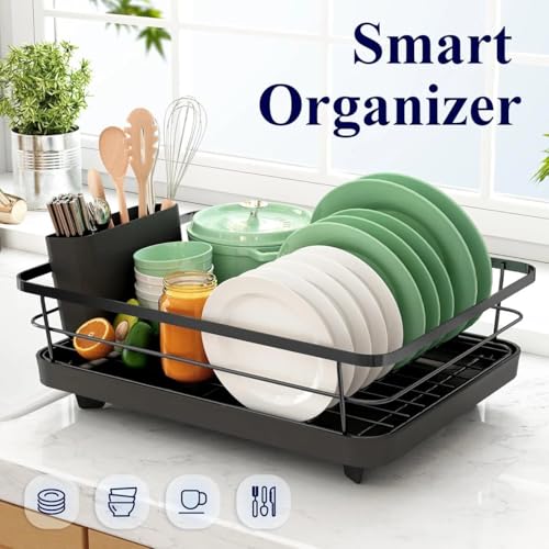 Image of HomeWiz Large Dish Drying Rack | Utensils Drying Rack for Kitchen with Spoon Holder | Kitchen Rack with Built-in Drain Outlet | Heavy Duty Bartan Stand | Forever Rust-Free | 43x32x13 cm | Black