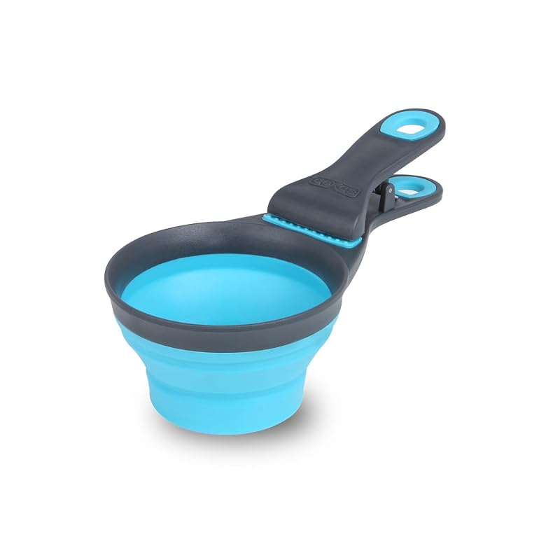 Pá medidora dobrável 3 em 1 para ração com clipe de saco Dexas, 473 mL, Blue