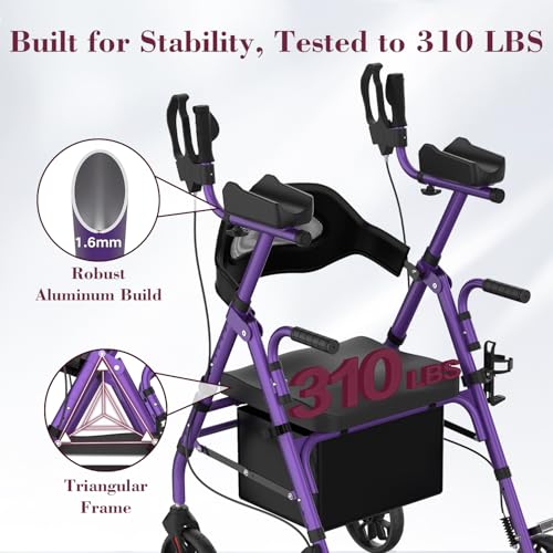 Image of Upright Rollator Walker, Heavy Duty Stand Up Walkers for Seniors with Seat and Reversible Backrest, Foldable Standing Rollator with 8 inch Anti-Slip PU Wheels, Purple