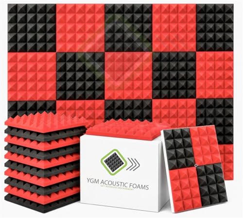 Image of YGM Acoustic Foams Pyramid Acoustic Panels 1 Footx1 Footx2inch Thick, 50 Density Acoustical Sound Proof Foam for Room, Studio, Echo Reduction & Noise Absorption (Black & Red, Set of 108)