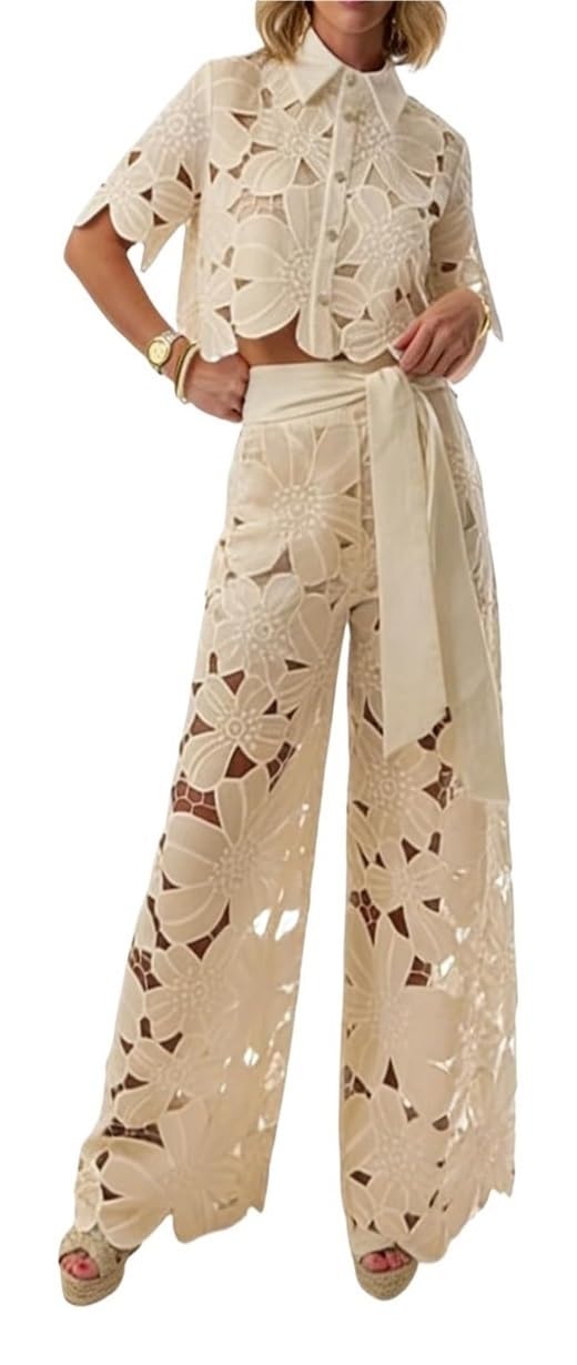 Genérico Conjunto Dos Piezas de Encaje Calado Floral Mujer, Top Botones Cuello Camisa Pantalón Ancho Viaje Casual