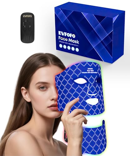 EVFOFO Red Light Photon Facial & Neck Mask with Remote Control, 7 Custom Modes with Infrared, Portable & Rechargeable with Timer for Home Use, 850nm Infrared & Red Light Masks, Beige
