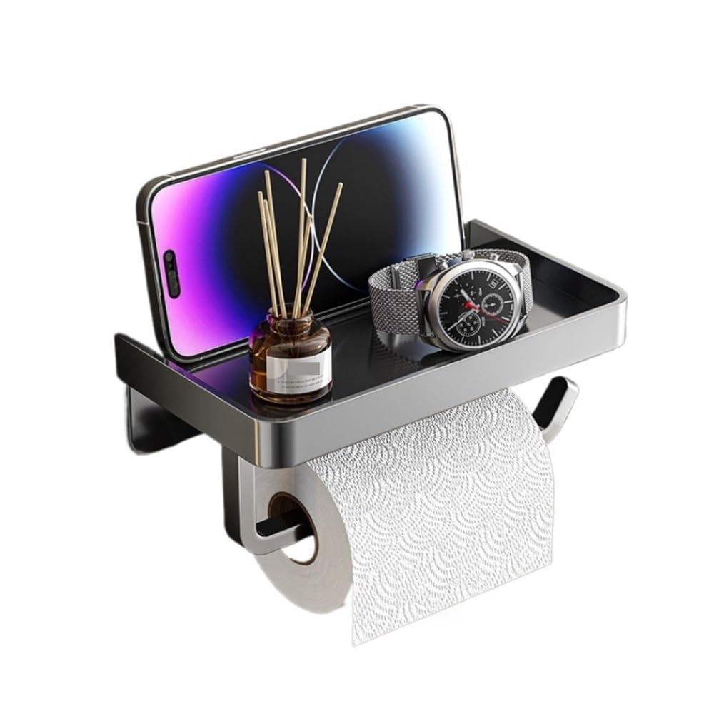 PaperTowel Holder, 304 Steel No-Punch Bathroom Paper Towel Box Holder w/Phone Stand