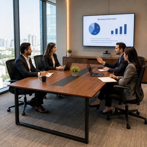 Image of Conference Table for Office & Meeting Room | Large Executive Meeting Table | Modern Office Conference Table | Tabletop with Black Metal Frame | Rustic Brown- 180 x 90 x 75 cm