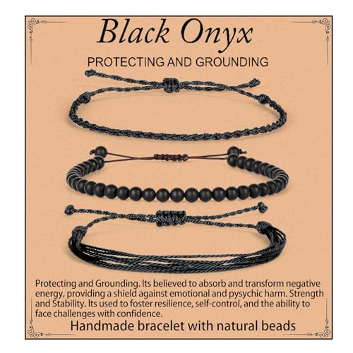 QOGIR Handmade Healing Bracelets, 4mm Matte Black Onyx Bracelet Black Beaded Bracelets for Men Women with 2PCS Size Adjustable Rope Bracelets