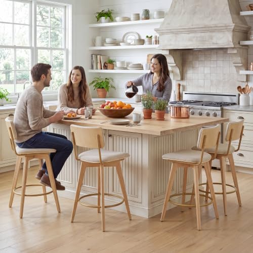 Butacos giratorios de altura para barra, 26", tapizado en lino beige con patas de madera natural, juego de 4 miniatura 5