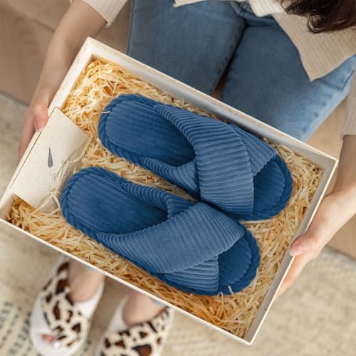 Image of GOEWY Slippers for Women Memory Foam House Bedroom Corduroy Crossbands Open Toe Slides Sandals Shoes Comfy Trendy Gift for womens Anti-Skid sole