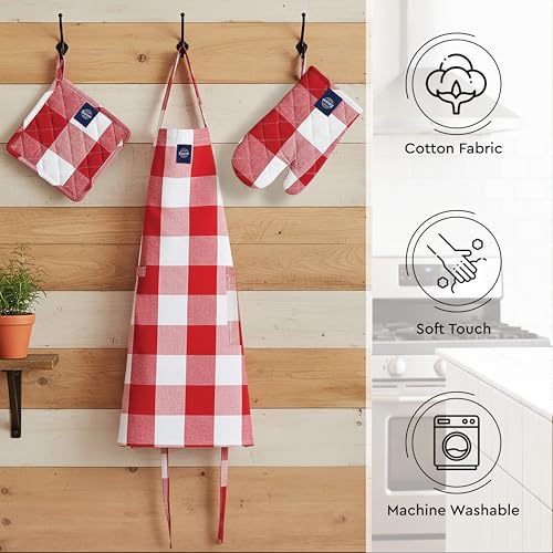 Image of Encasa XO 100% Cotton Apron Set for Women & Men with Adjustable Apron, Oven Gloves & Pot Holder (Pack of 3) Combo, Heat-Resistant, Soft & Durable for Cooking, Baking & Grilling (Buffalo Red Checks)