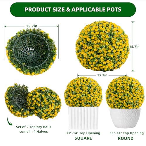 15.7" Artificial Topiary Flower Balls, Set of 2 Decorative Topiary Balls Hanging Grass Ball for Home Decor Indoor and Outdoor,Yellow
