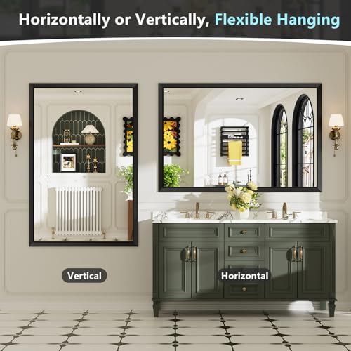 Image of 55x30 Inch Black Bathroom Mirror for Wall, Beveled Framed Rectangle Bathroom Vanity Mirrors for Over Sink, Bedroom, Living Room, Entryway, Anti-Rust, HD Tempered Glass, Horizontally /Vertically