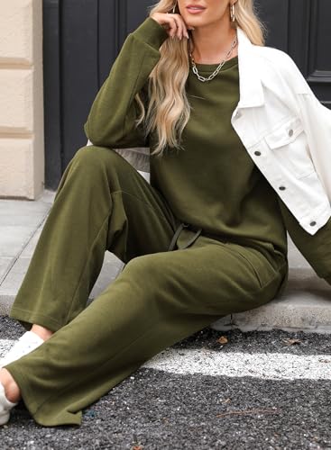 Dokotoo Women's Cotton 2 Piece Outfits Sweatsuit Casual Fall Long Sleeve Knit Tops And Pants Lounge Sets3