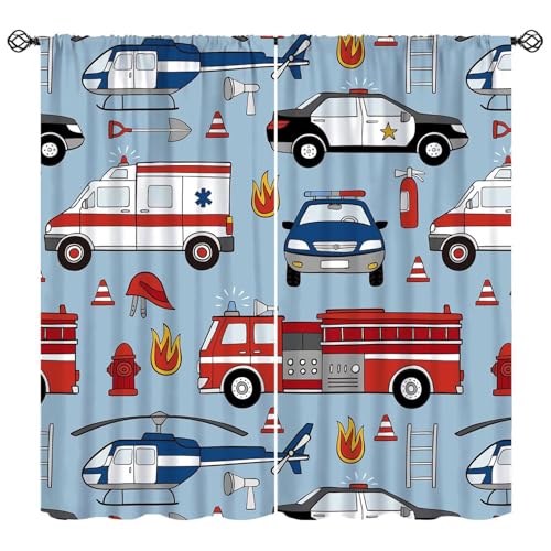 Wallira Blue Boys Cartoon Car Curtains,Fire Truck Ambulance Police Car Helicopter Print Decor Rod Pocket Window Treatments for Baby Kids Bedroom Toddler Playroom Living Nursery Drapes 41" W X 45" L