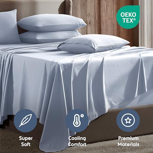 Image of Nestl Extra Deep Twin Sheet Set - 4 Piece Breathable & Cooling Sheets - Hotel Luxury Bedding Set w /18-24 Inch Deep Pockets - Easy & Secure Fit - Super Soft, Wrinkle Free & Comfy - Ice Blue