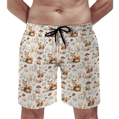 Hawaiian Shorts for Men - Comfy Cute Mushroom Fox Print Mens Swim Trunks Bathing Suits with Mesh Lining