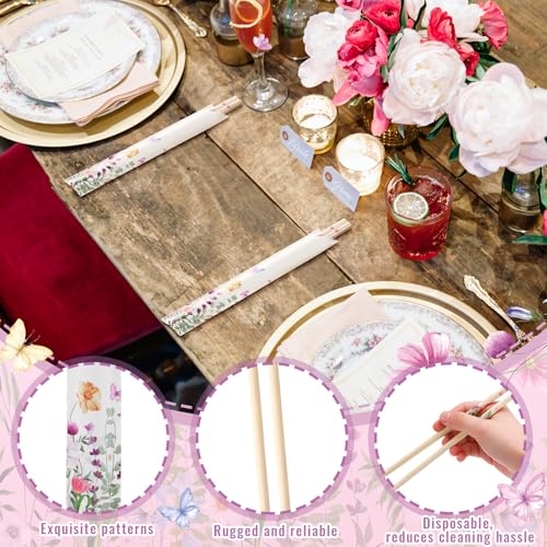 Image of 50 Pairs Wildflower Disposable Bamboo Chopsticks Bulk Sleeved | Cherry Wildflower for Wedding Favors, Asian Takeout, Picnic Party, Catering Restaurant Supply, Paper Wrapped Sleeves