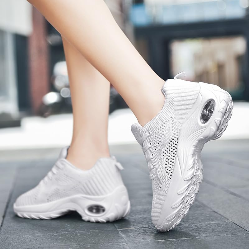 Image of DLWKIPV Womens Walking Running Shoes Tennis Slip On Sneakers Gym Workout Sport Lightweight Breathable Mesh Comfortable Casual White Size 8