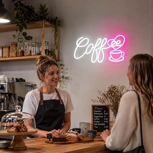 Image of Pink&White Neon Sign Led Neon Lights Signs for Wall Decor USB Powered Led Signs for Room Decoration-Heart Coffee Cup