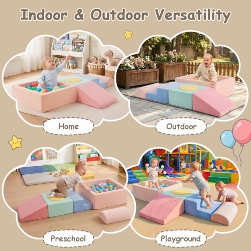 Image of Tiita Baby Climb and Crawl Playset 5-Piece, Kids Foam Climbing Block with Small Ball Pit - Indoor Soft Play Climber for Playtime Fun, Grey Star, Multicolor