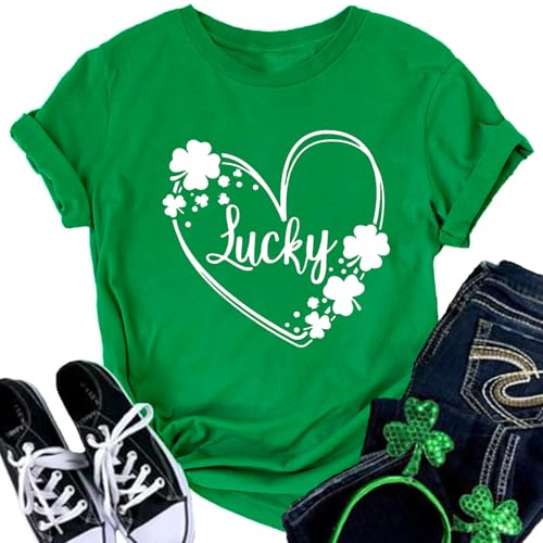 St. Patrick’s Day Shirts for Women Lucky Irish Shamrock Shirts Casual Short Sleeve Saint Patricks Day Graphic Tees Tops Green XXL
