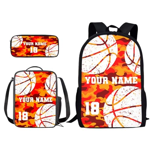 Customized Backpack Set Basketball Print Personalized Bookbag with Number Boys Girls Elementary Schoolbag Lunch Box Pencil Case Middle Schoolbag Knapsack, Camo Orange