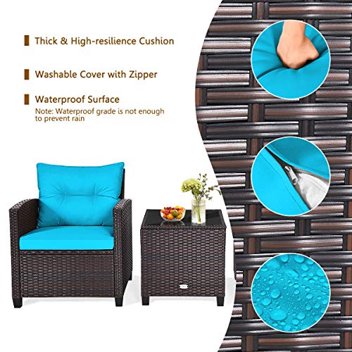 KOTEK 3 Piece Patio Furniture Set, Outdoor Conversation Set with Washable Cushions & Tempered Glass Tabletop, PE Rattan Wicker Bistro Set for Porch, Garden, Balcony (Turquoise) - Image 6