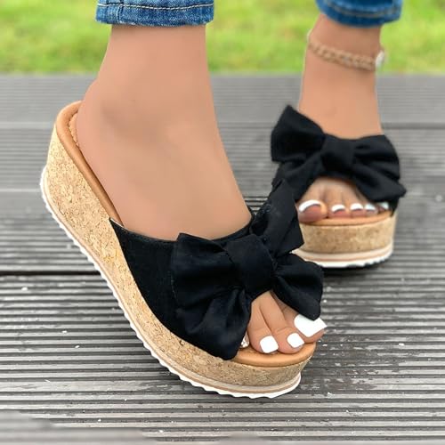 Platform Slip On Sandals for Women, Leopard Bow Decoration Walking Slippers, Casual Wedge Sandals, Dressy Vacation Sandal, Comfortable Open Toe Slippers Breathable Summer Shoes Barefoot Footwear2