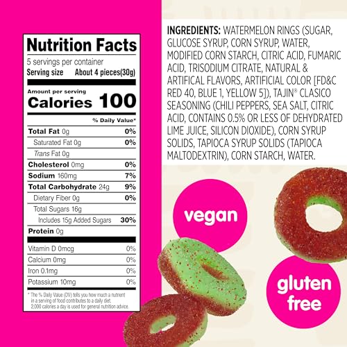 Snak Club Tajin Watermelon Rings Gummy Candy, Fruit Candy Gummies with Chili and Lime Seasoning, Mild, Gluten-Free and Vegan Snacks, 5 oz Resealable Bags, 6 Pack